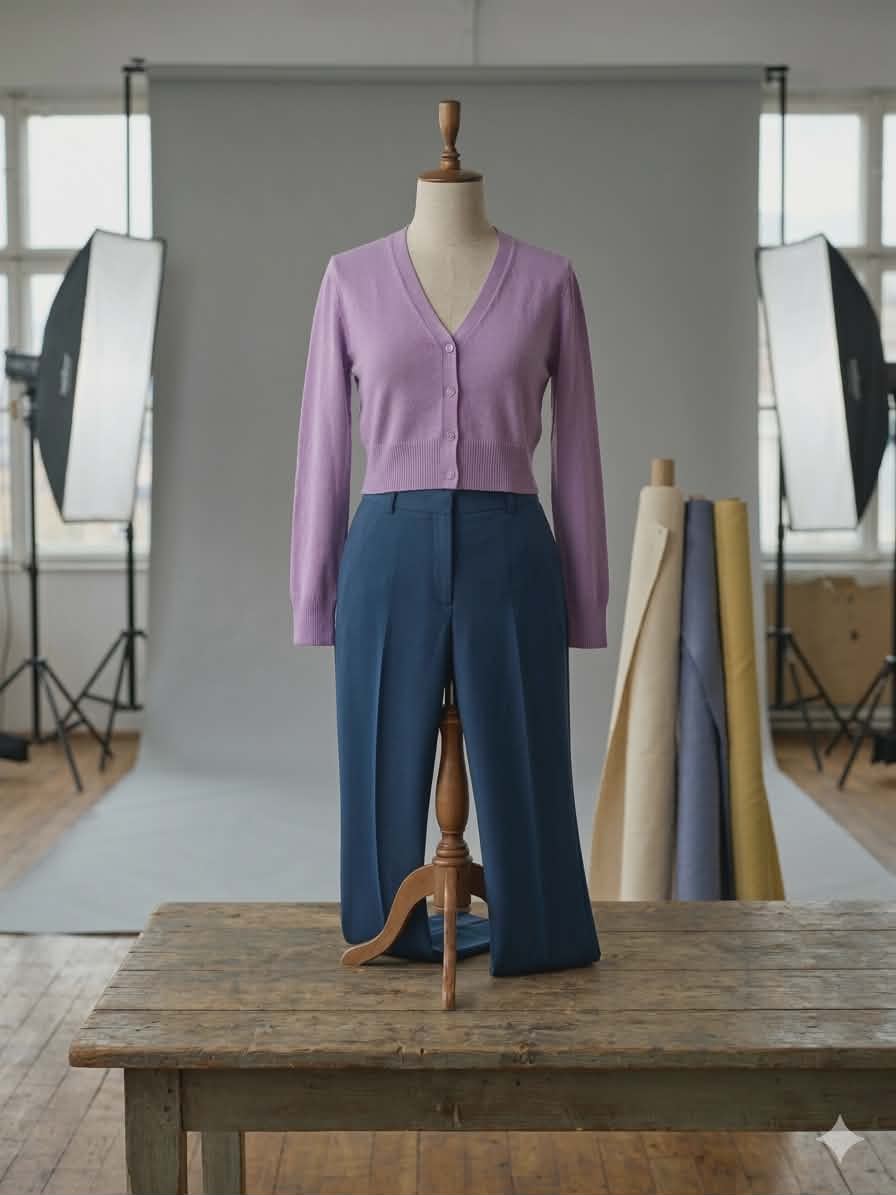 Set elegant Cardigan Lila + Pantaloni Office Albastru Petrol (46)+ Eșarfă cadou – fotografia 1 din 3