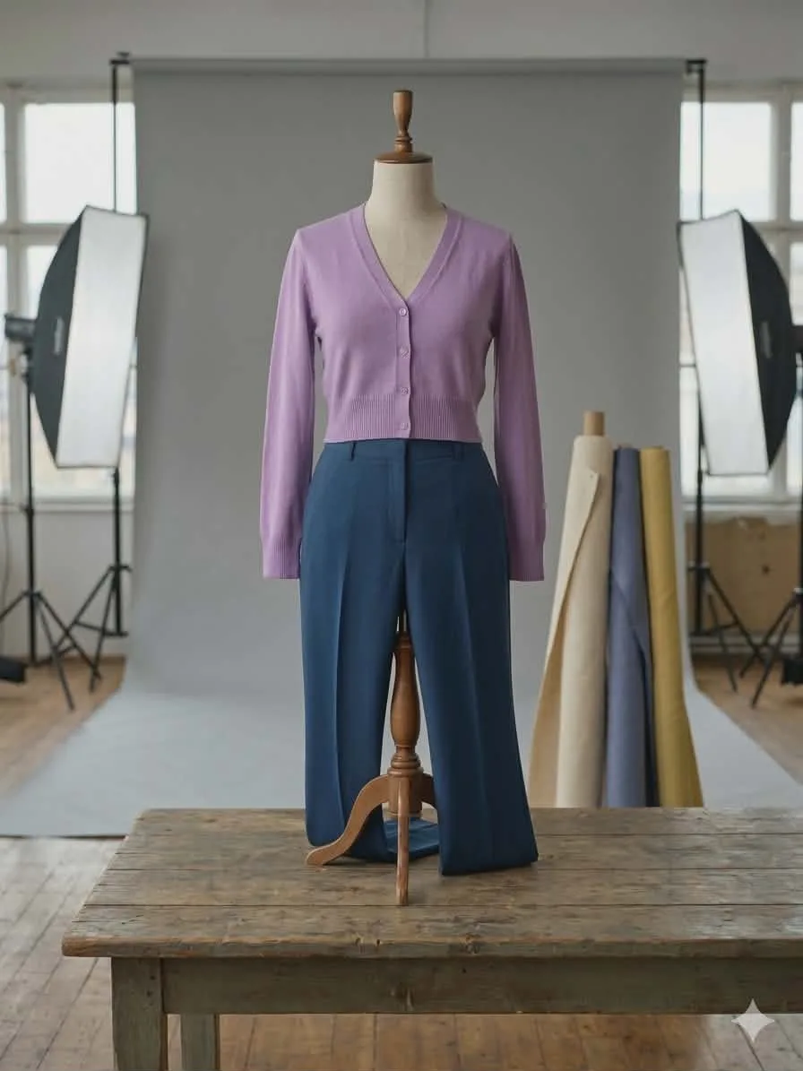 Set elegant Cardigan Lila + Pantaloni Office Albastru Petrol (46)+ Eșarfă cadou – fotografia 1 din 3