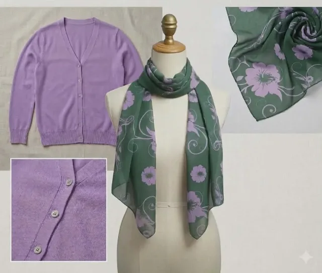 Set elegant Cardigan Lila + Pantaloni Office Albastru Petrol (46)+ Eșarfă cadou – fotografia 3 din 3