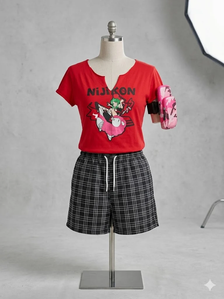 Set 3 Piese Sport: Tricou Roșu Grafic + Șort Carouri + Borsetă Braț -XL – fotografia 1 din 1