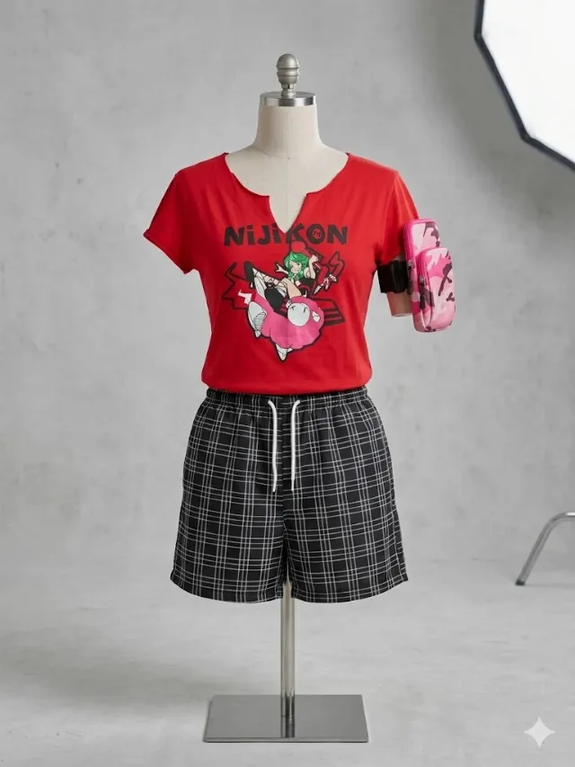 Set 3 Piese Sport: Tricou Roșu Grafic + Șort Carouri + Borsetă Braț -XL – Tecuci, Galați
