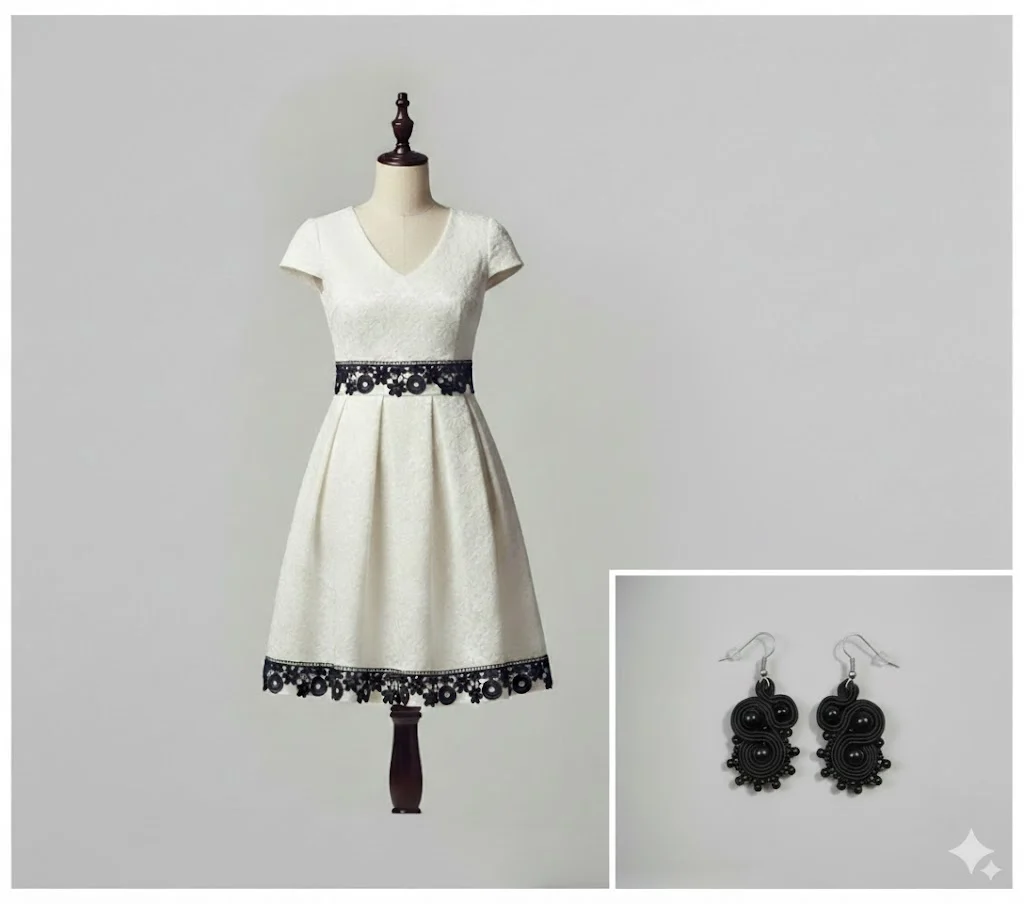 Set Rochie Elegantă Albă cu Dantelă Neagră și Cercei Soutache Asortați – fotografia 1 din 5