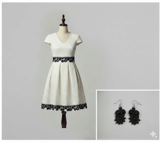 Set Rochie Elegantă Albă cu Dantelă Neagră și Cercei Soutache Asortați – Galati, Galați