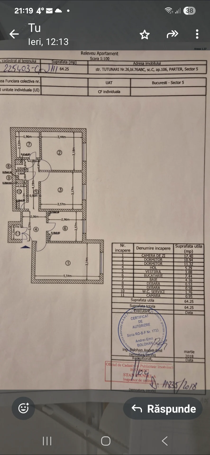 Vand apartament 3 camere cf.1 decomandat  Rahova-Sebastian str.Tutunari – fotografia 1 din 8
