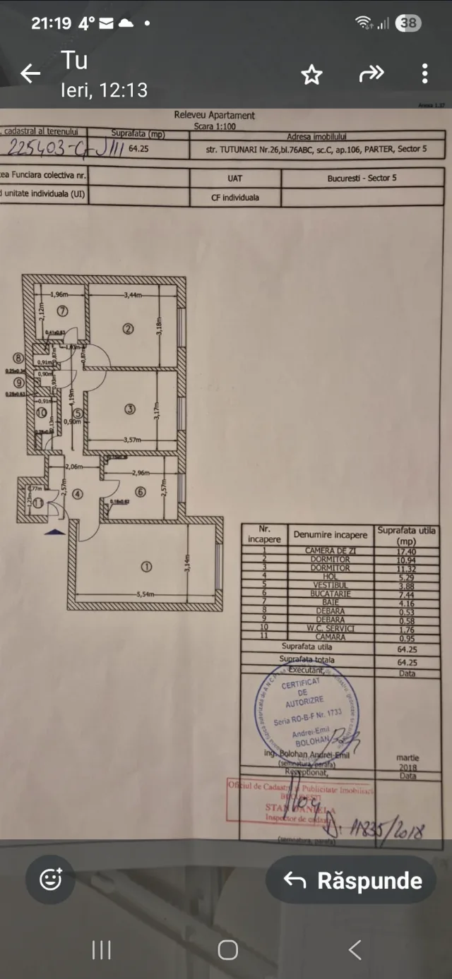Vand apartament 3 camere cf.1 decomandat  Rahova-Sebastian str.Tutunari – Sector 5, București
