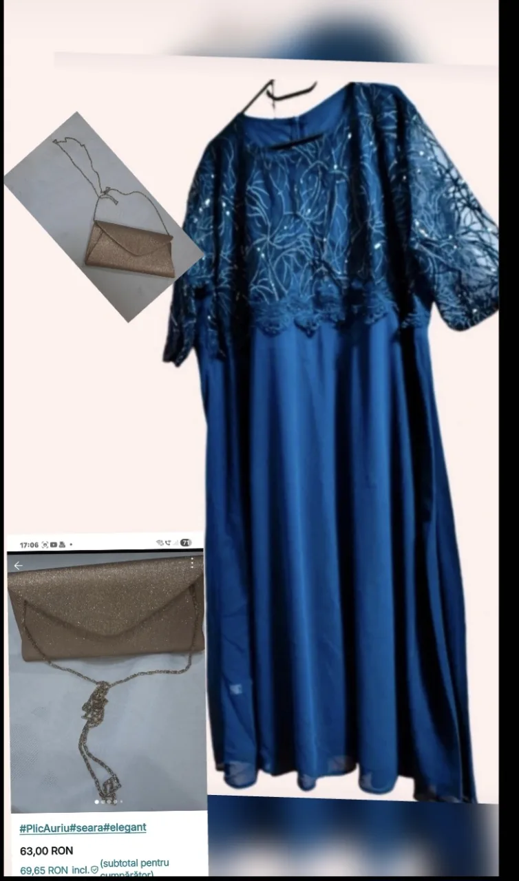 Rochie lungă, bleumarin 5XL,  plic auriu, folosit – fotografia 1 din 4