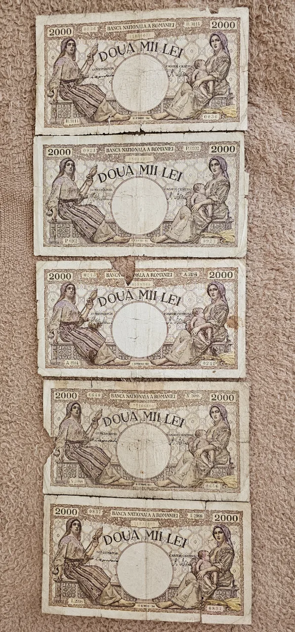 5 bancnote 2ooo lei din anii 1941,1943 si 1944 – fotografia 1 din 2