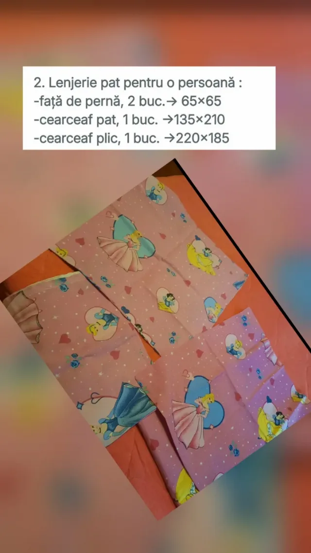Set complet (lenjerie,pilota si 2 perne) pat copii Disney Prințese (Bumbac 100% comandă) + Pilotă + 2 Perne, folosit – fotografia 3 din 7