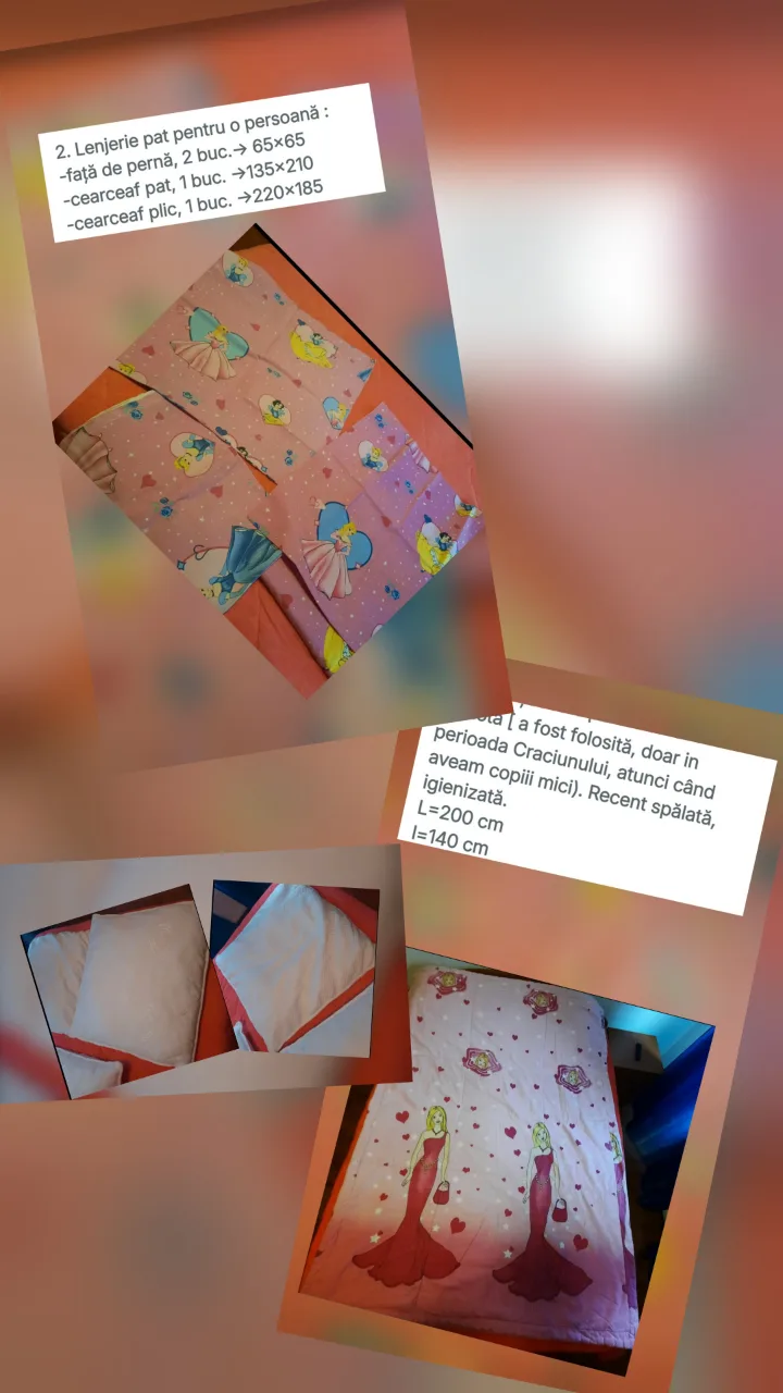 Set complet (lenjerie,pilota si 2 perne) pat copii Disney Prințese (Bumbac 100% comandă) + Pilotă + 2 Perne, folosit – fotografia 1 din 7