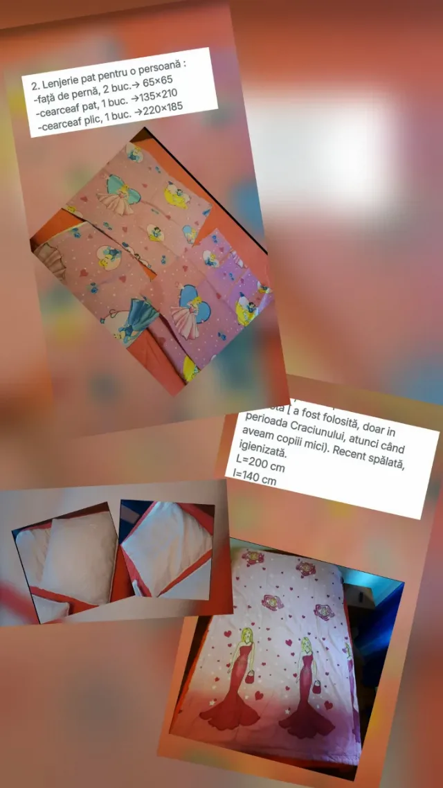 Set complet (lenjerie,pilota si 2 perne) pat copii Disney Prințese (Bumbac 100% comandă) + Pilotă + 2 Perne, folosit – Sector 5, București