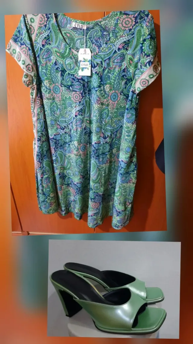 Outfit de vară: Rochie nouă; papuci vernil, vintage – Sector 5, București