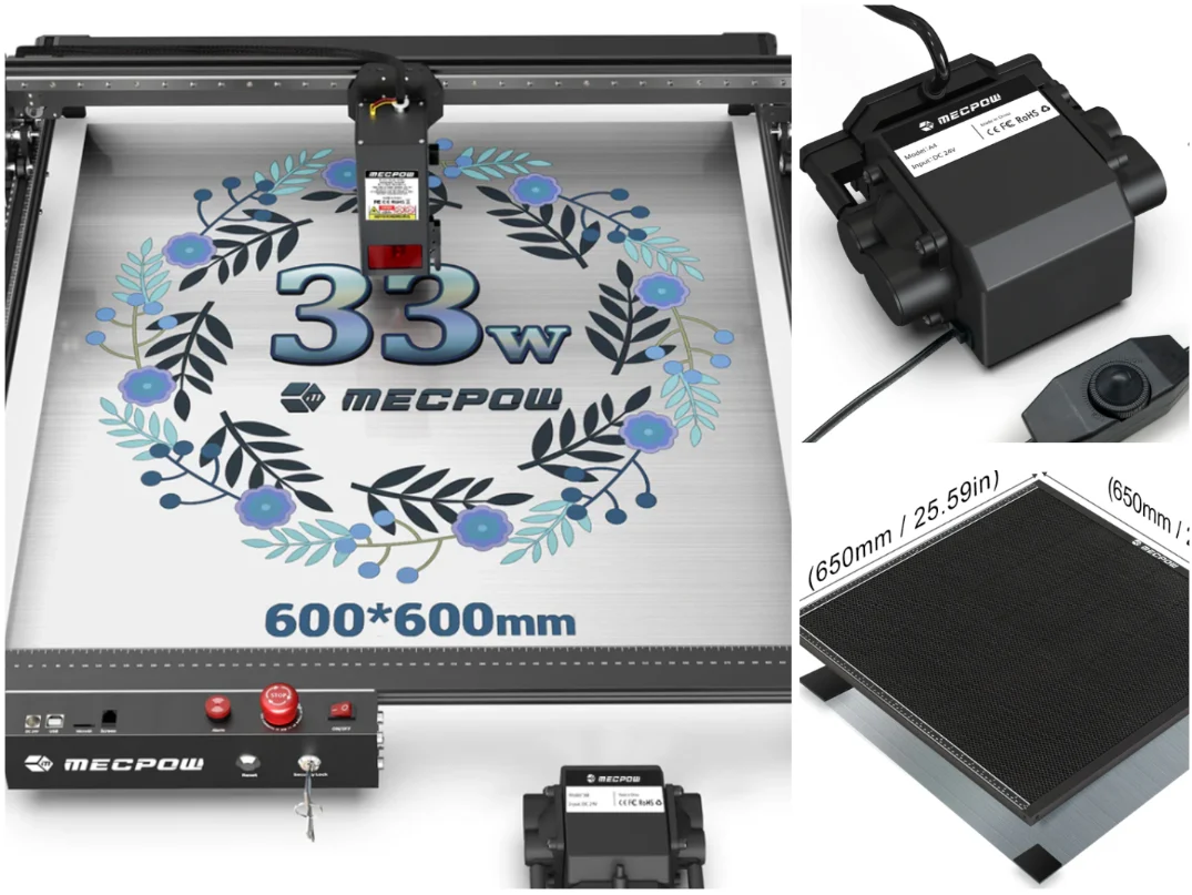 Laser CNC Mecpow x5Pro, 33W, 600x600mm + Auto Air Assist + Fagure - Folosit putin pentru teste si demo – fotografia 1 din 8