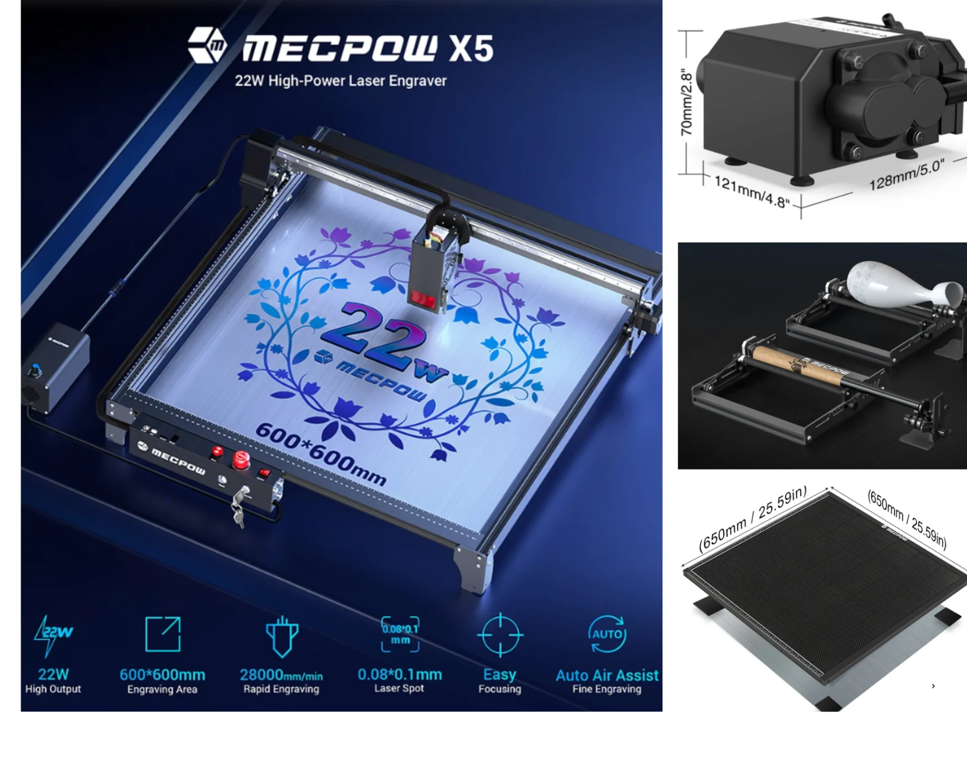 Laser CNC Mecpow X5 Pro, 22W Optic Real, 600x600mm, air assist si fagure - Folosit putin teste demo – fotografia 1 din 7