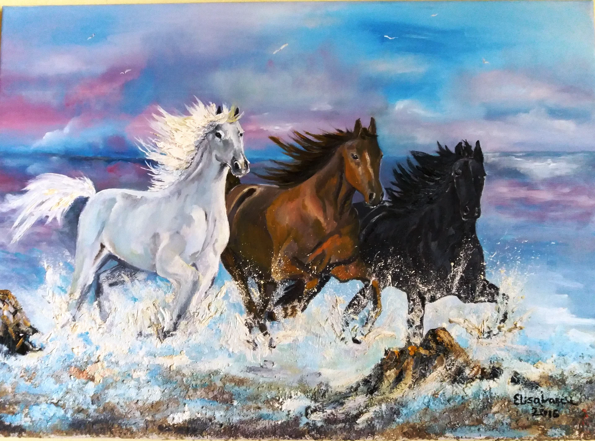 Vand tabloul "Caii in galop,la tarmul marii", pictura in ulei pe panza – fotografia 1 din 1