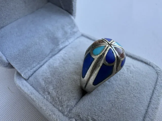 Inel din argint, lapis lazuli, turcoaz și piatră lunii – fotografia 3 din 5