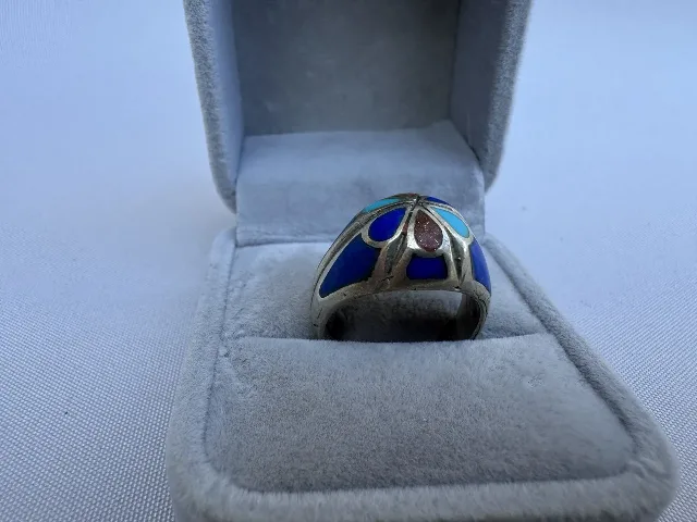 Inel din argint, lapis lazuli, turcoaz și piatră lunii – fotografia 2 din 5