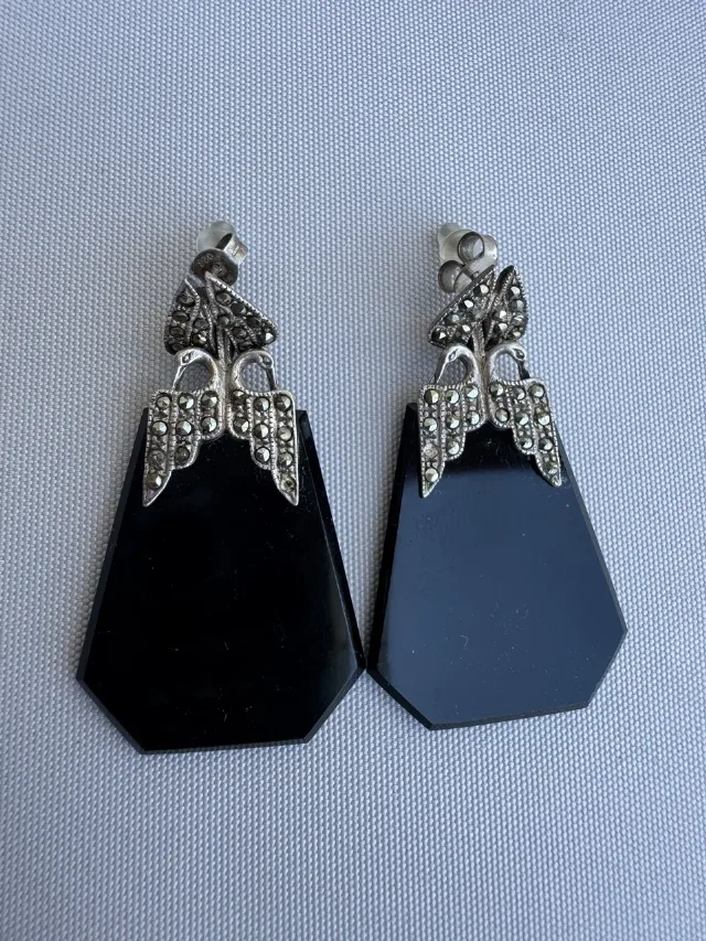 Cercei din argint, onix și marcasite – fotografia 3 din 4