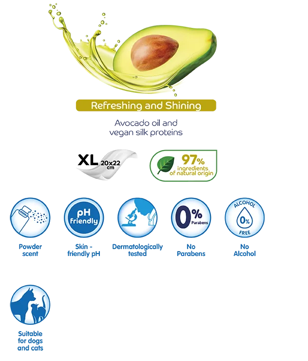 Șervețele umede cu ulei de Avocado si proteine de mătase pentru animale de companie cu păr scurt – pachet 54 buc. – fotografia 3 din 6