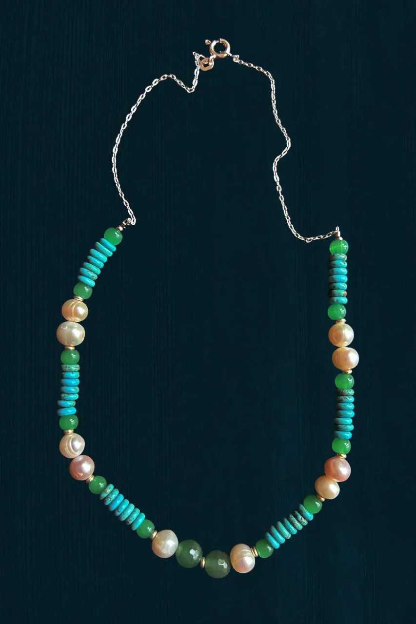 Colier distins, perle de cultură, argint, aventurin și turquoise, 46 cm. – Iași, Iași
