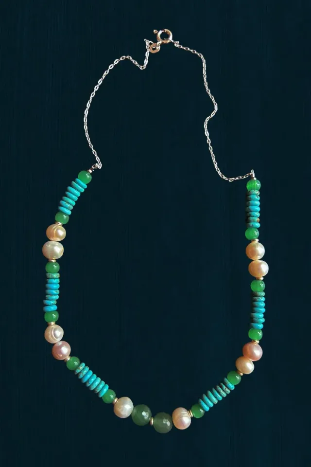 Colier distins, perle de cultură, argint, aventurin și turquoise, 46 cm. – Iași, Iași