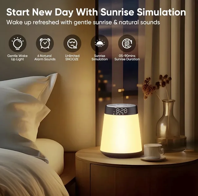Ceas deșteptător Sunrise 4-în-1 cu Difuzor Bluetooth – Lumină de Noapte, Sunete Relaxante & White Noise – fotografia 3 din 6