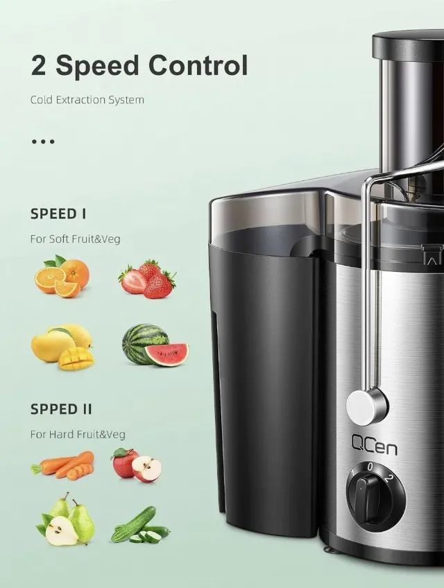 QCen Storcător de Fructe Centrifugal 500W – 2 Viteze & Tub de Alimentare Extra-Larg – fotografia 3 din 8