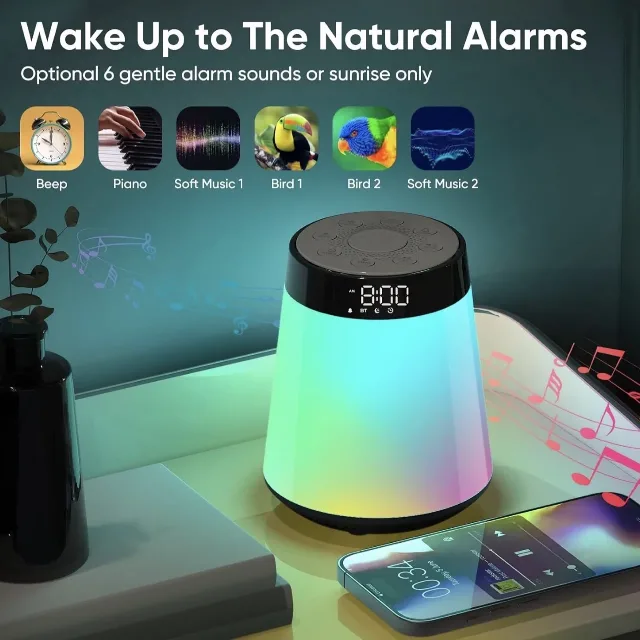 Ceas deșteptător Sunrise 4-în-1 cu Difuzor Bluetooth – Lumină de Noapte, Sunete Relaxante & White Noise – fotografia 5 din 6