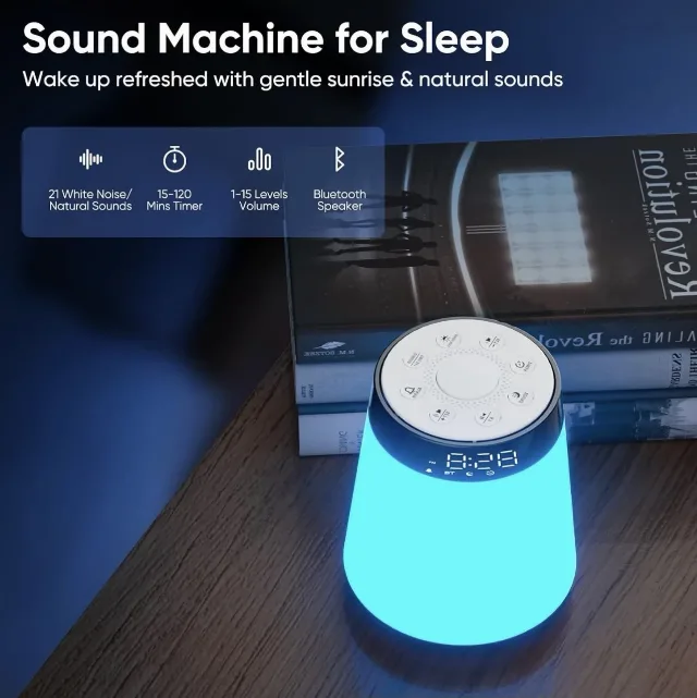 Ceas deșteptător Sunrise 4-în-1 cu Difuzor Bluetooth – Lumină de Noapte, Sunete Relaxante & White Noise – fotografia 2 din 6