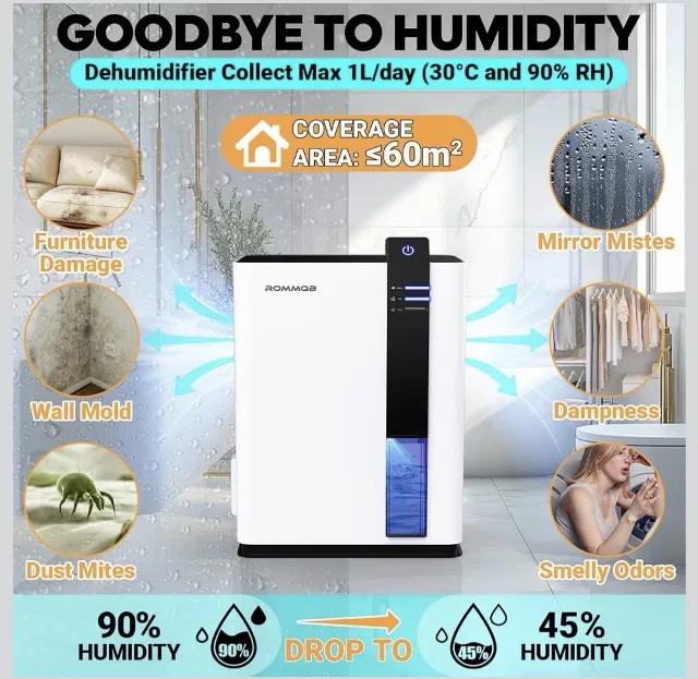 ROMMQB Dezumidificator Smart 3L – Oprire Automată & Lumină LED de Noapte – fotografia 3 din 6