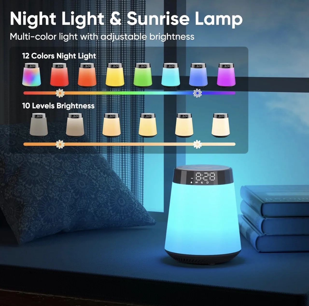 Ceas deșteptător Sunrise 4-în-1 cu Difuzor Bluetooth – Lumină de Noapte, Sunete Relaxante & White Noise – Sector 1, București