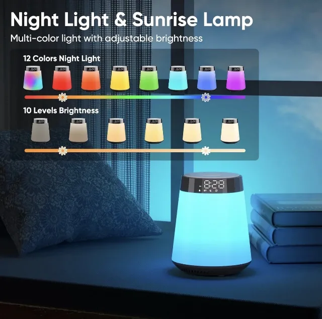 Ceas deșteptător Sunrise 4-în-1 cu Difuzor Bluetooth – Lumină de Noapte, Sunete Relaxante & White Noise – Sector 1, București