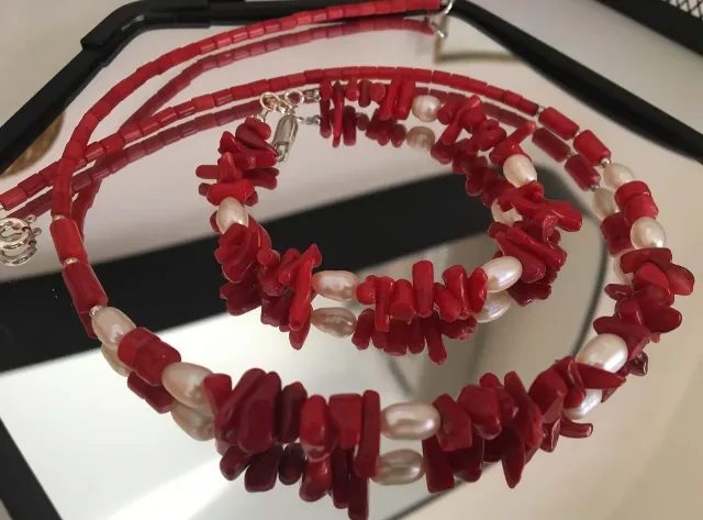 Set vintage colier și brățară coral, perle de cultură și argint – fotografia 2 din 2
