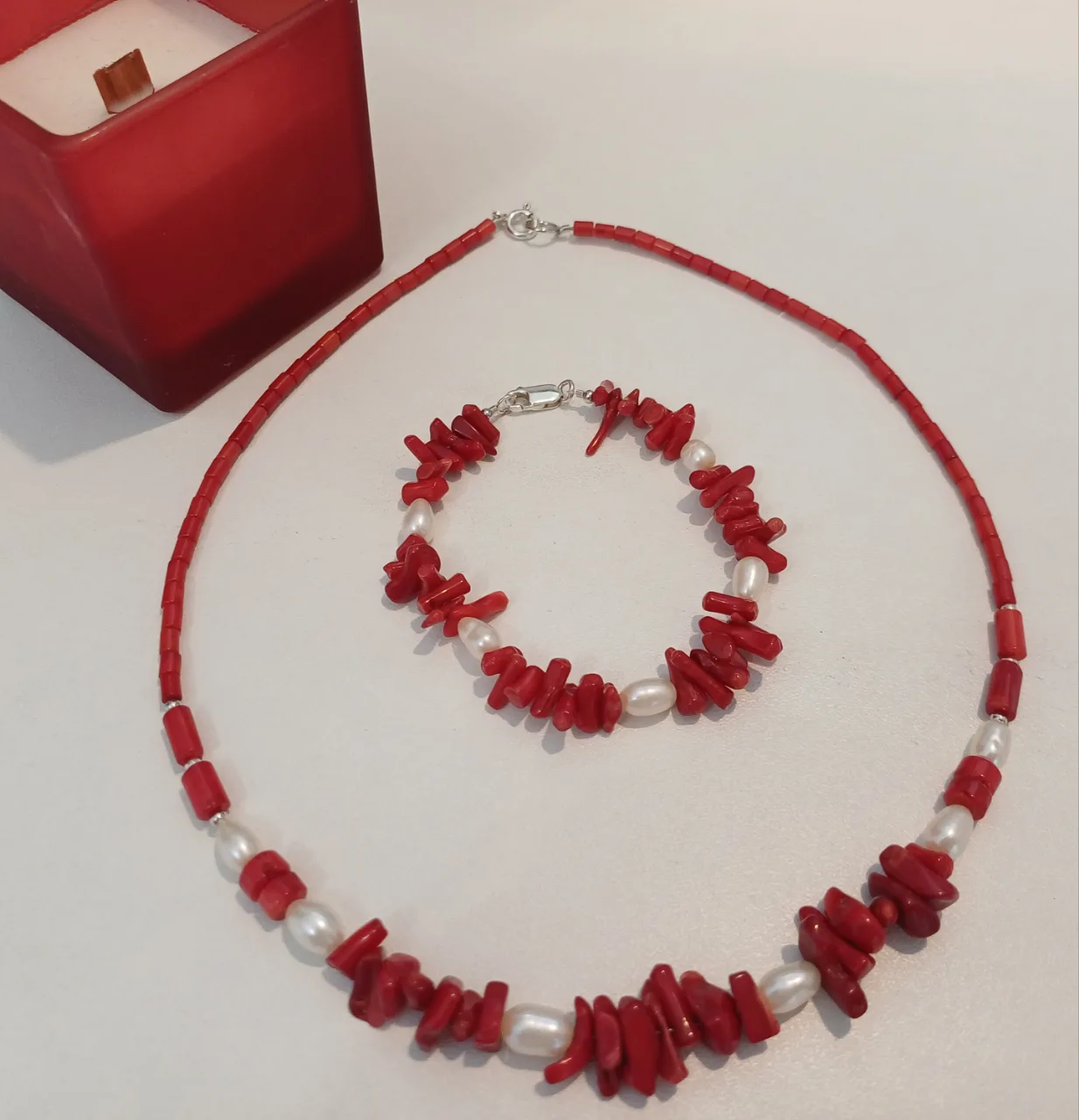 Set vintage colier și brățară coral, perle de cultură și argint – Iași, Iași