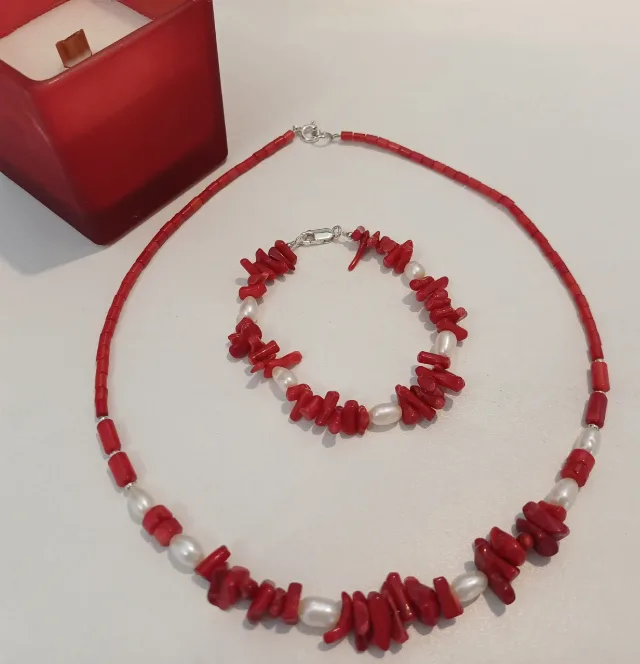 Set vintage colier și brățară coral, perle de cultură și argint – fotografia 1 din 2