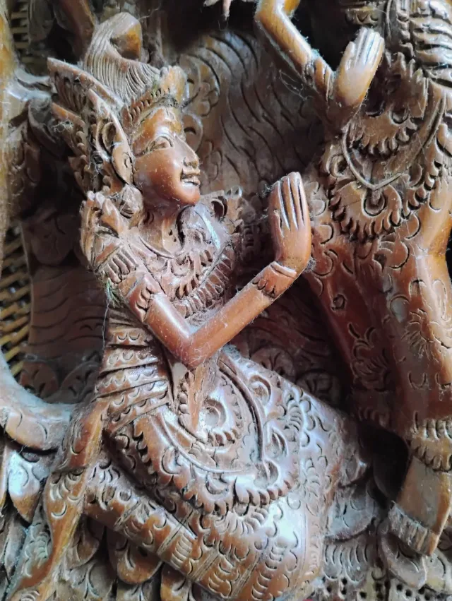 Sculptură unică lemn masiv Bali / Panou decorativ 3D Ramayana vintage – fotografia 3 din 8