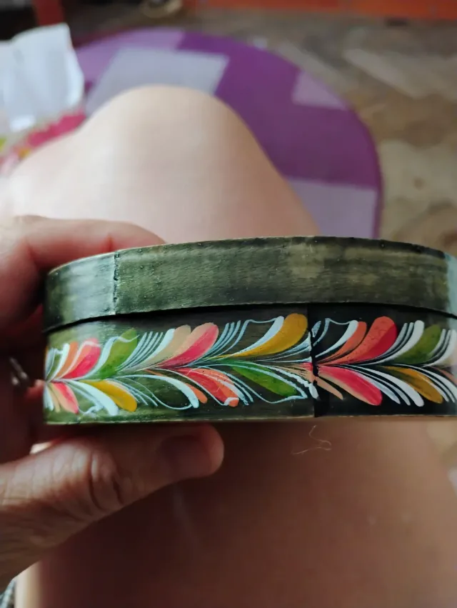 Cutie Vintage din Lemn Curbat (Bentwood), Pictată Manual – Artă Populară / Folk Art – fotografia 2 din 7