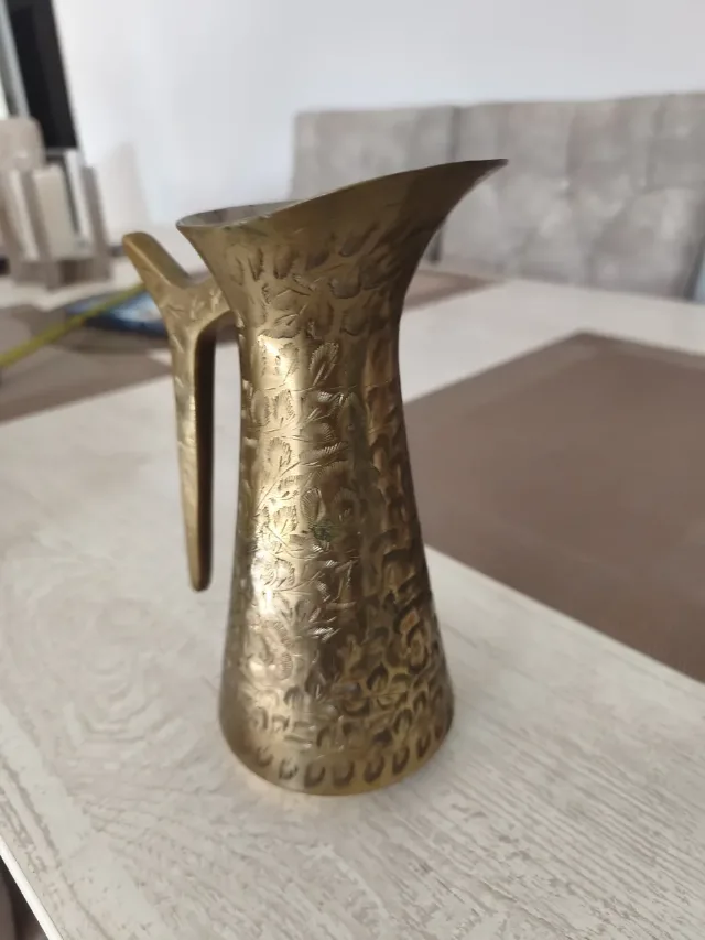 Carafă / Vază decorativă vintage din alamă gravată manual – Import India – fotografia 6 din 8