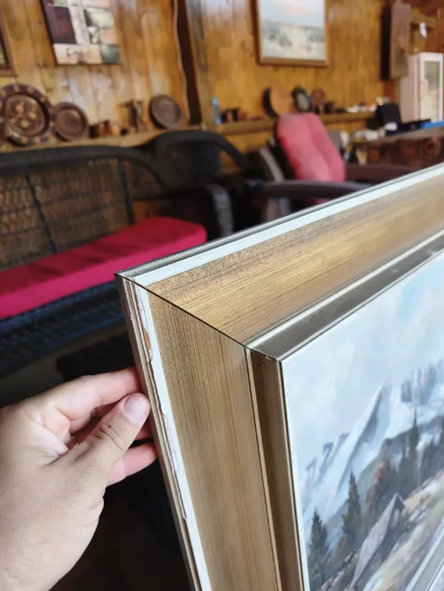 Tablou vechi deosebit – Peisaj montan alpin, ulei pe pânză, ramă masivă – fotografia 6 din 8
