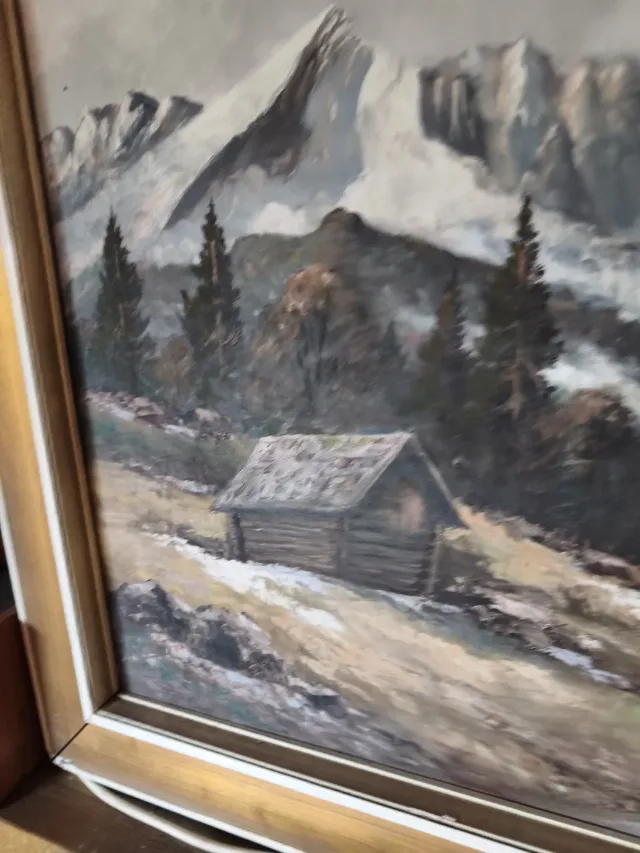 Tablou vechi deosebit – Peisaj montan alpin, ulei pe pânză, ramă masivă – fotografia 2 din 8