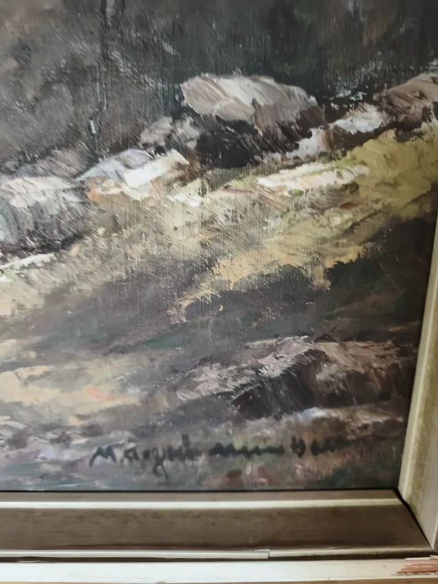 Tablou vechi deosebit – Peisaj montan alpin, ulei pe pânză, ramă masivă – fotografia 4 din 8