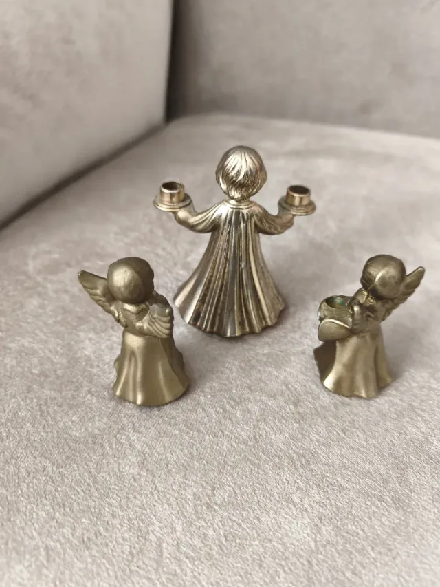 Set 3 sfeșnice vintage îngerași, bronz/alamă masivă – decor Mid-Century – fotografia 8 din 8