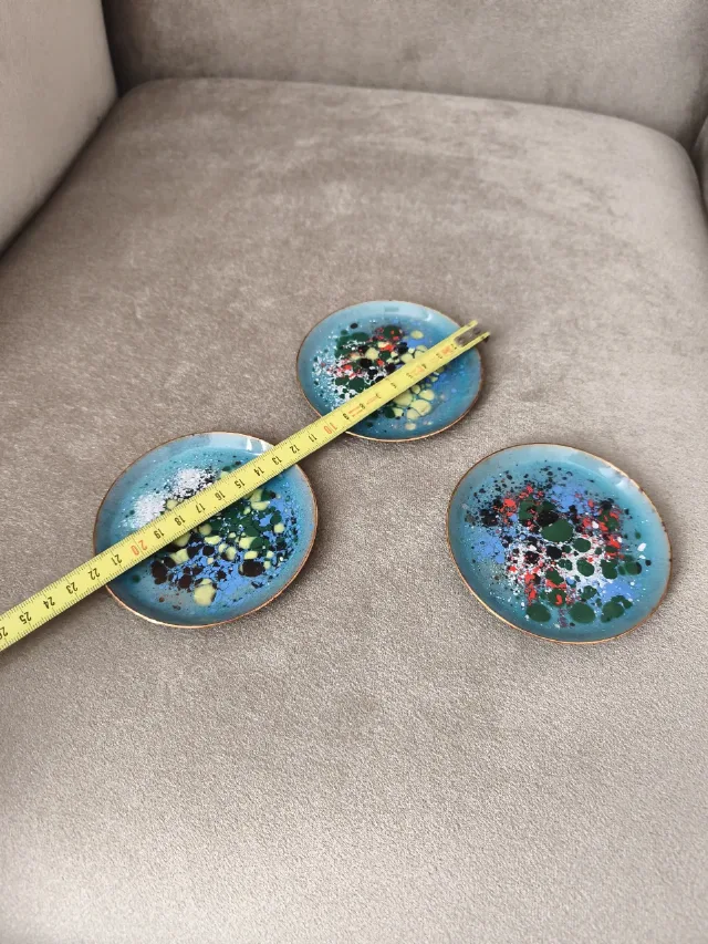 Set 3 farfurii decorative vintage, cupru emailat, stil Mid-Century Modern – fotografia 2 din 6