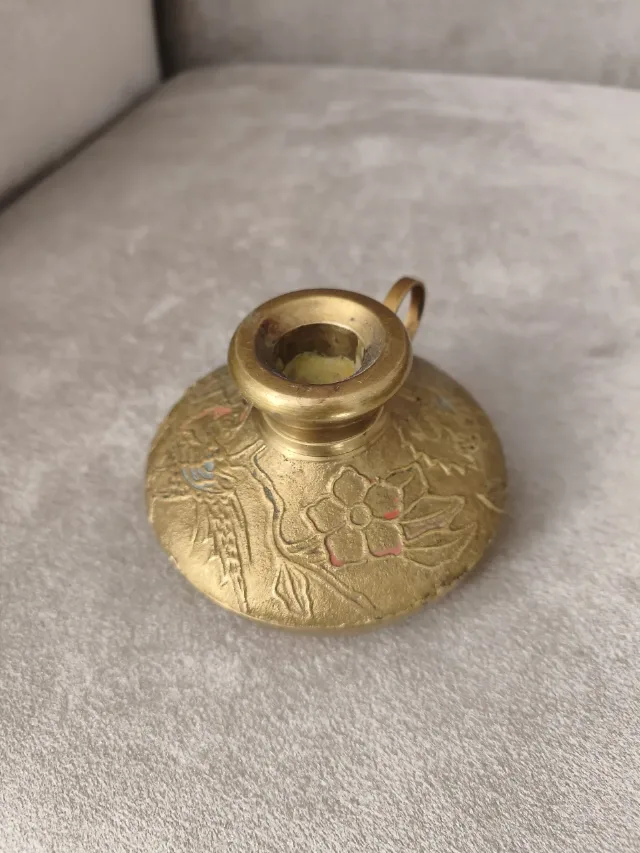 Sfeșnic vintage de mână din alamă cloisonne (gravat și emailat) – fotografia 4 din 6