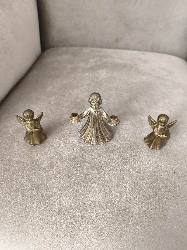 Set 3 sfeșnice vintage îngerași, bronz/alamă masivă – decor Mid-Century – fotografia 1 din 8