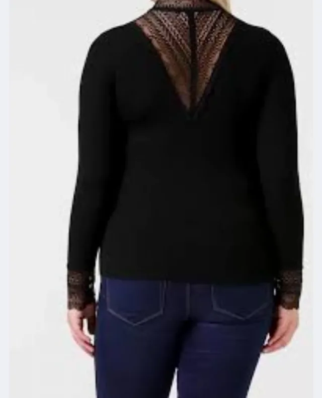 bluză neagră elegantă cu decolteu și manșete din dantelă, – fotografia 1 din 8