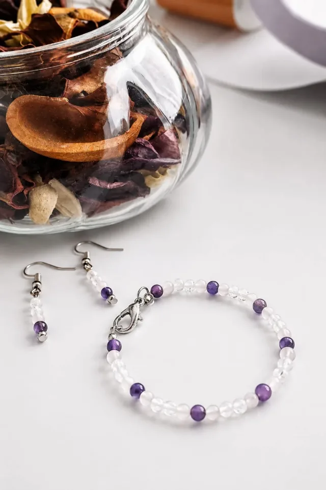 Set Cercei & Brățară Handmade Ametist, Cuarț roz, Cuarț transparent – Sector 3, București
