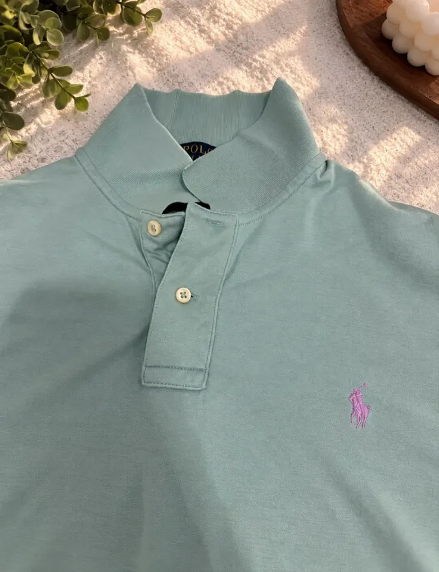 Polo Ralph Lauren Classic Fit L/G verde mentă cu logo roz – fotografia 3 din 4
