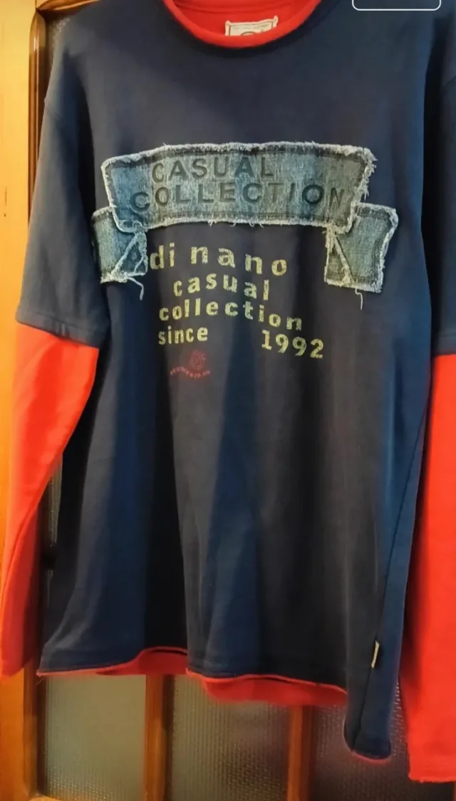 Bluză bărbați Vintage navy-roșu cu detalii denim, mărimea L – fotografia 1 din 2