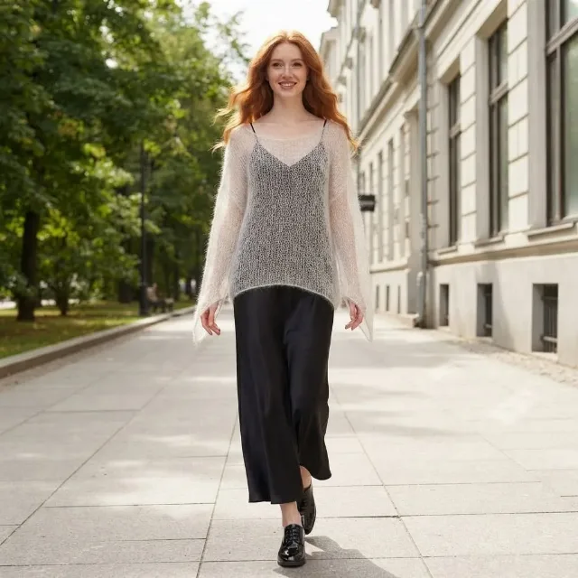 Bluzita fina, vaporoasa - handmade - mohair fin/lurex - Alb ivory - S /M – Curtea de Arges, Argeș