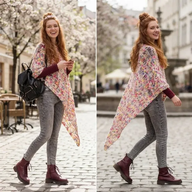 Poncho crosetat manual din fir pretios - mohair cu matase - M / L – fotografia 2 din 6